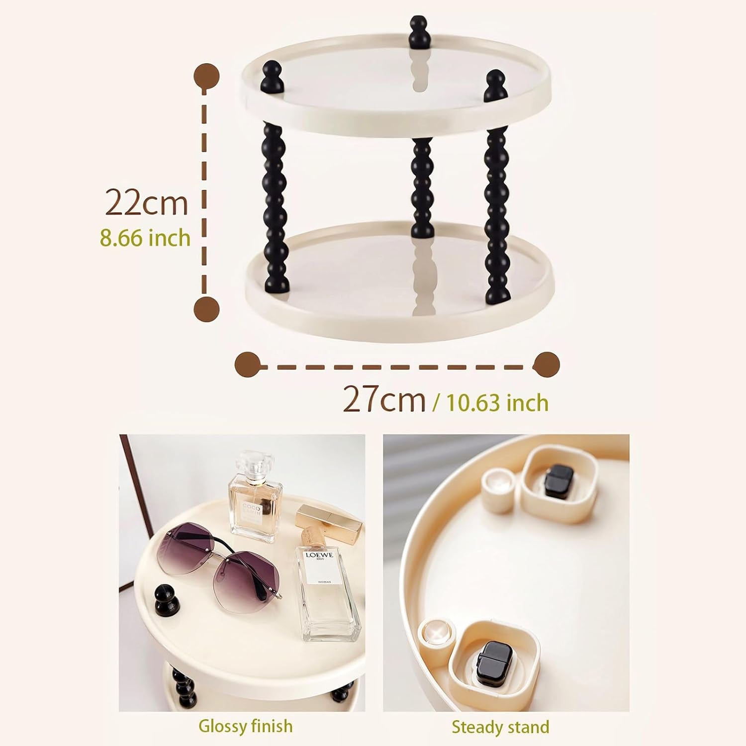 2 Tier Makeup Organizer, Skincare Make up Storage Perfume Organizers Tray for Vanity Dresser Bathroom Counter, Cute Cosmetic Lotion Jewelry Countertop Display Case (Round)