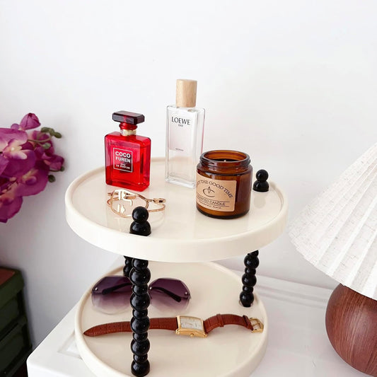 2 Tier Makeup Organizer, Skincare Make up Storage Perfume Organizers Tray for Vanity Dresser Bathroom Counter, Cute Cosmetic Lotion Jewelry Countertop Display Case (Round)