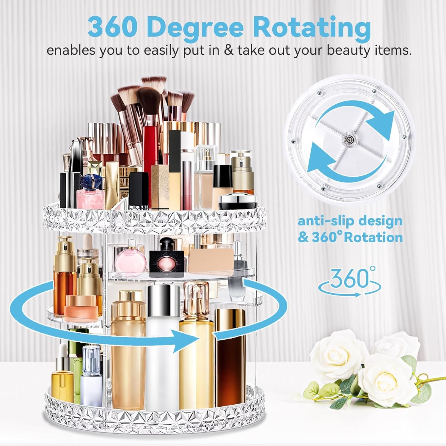 Rotating Makeup Organizer, Modern Minimalist, Clear, 360° Spinning, 6 Adjustable Layers, Large Capacity, Vanity Organizer