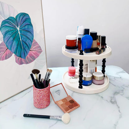 2 Tier Makeup Organizer, Skincare Make up Storage Perfume Organizers Tray for Vanity Dresser Bathroom Counter, Cute Cosmetic Lotion Jewelry Countertop Display Case (Round)