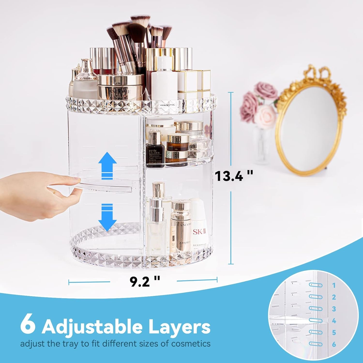 Rotating Makeup Organizer, Modern Minimalist, Clear, 360° Spinning, 6 Adjustable Layers, Large Capacity, Vanity Organizer