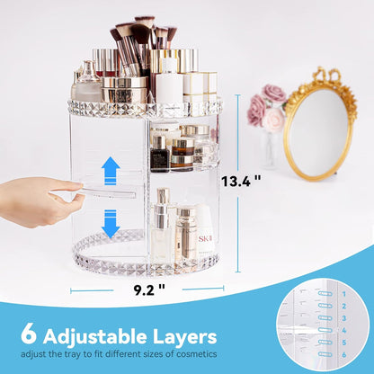 Rotating Makeup Organizer, Modern Minimalist, Clear, 360° Spinning, 6 Adjustable Layers, Large Capacity, Vanity Organizer